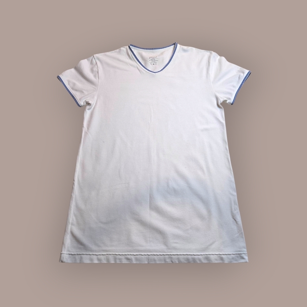 White V-Neck T-Shirt with Blue Trim